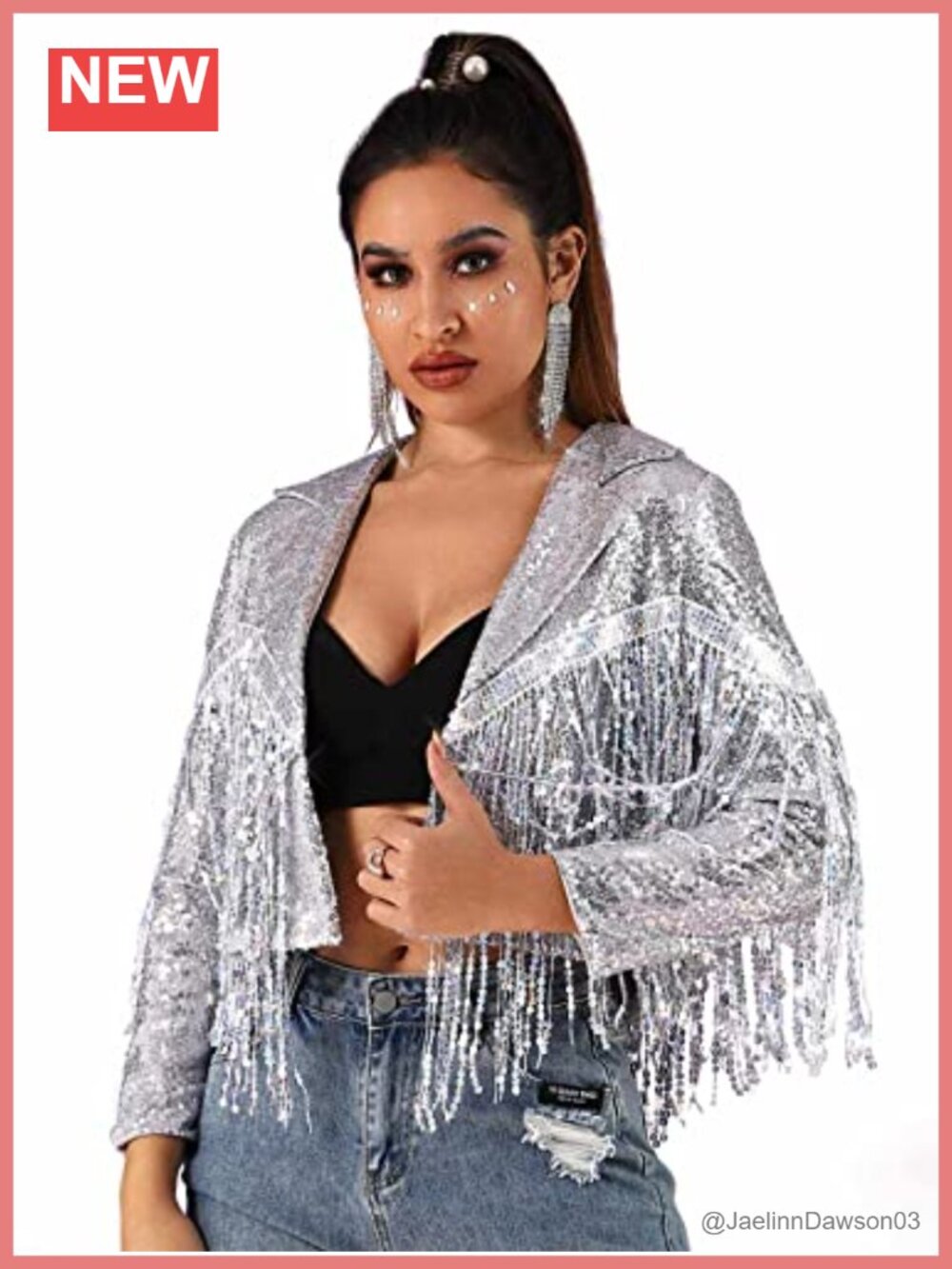 Fringe Sequin Bomber Jacket Long Sleeve Cropped Party Coat